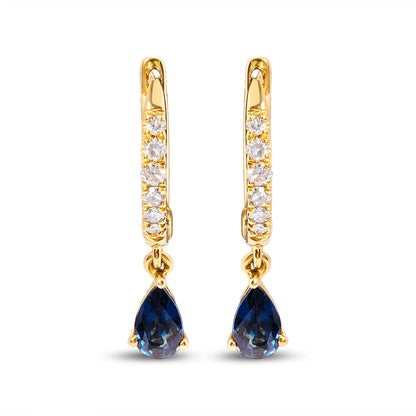 10K Yellow Gold Pear Blue Sapphire and 1/10 Cttw Diamond Drop and Dangle Huggy Hoop Earrings (H-I Color, I1-I2 Clarity) by Bids.com