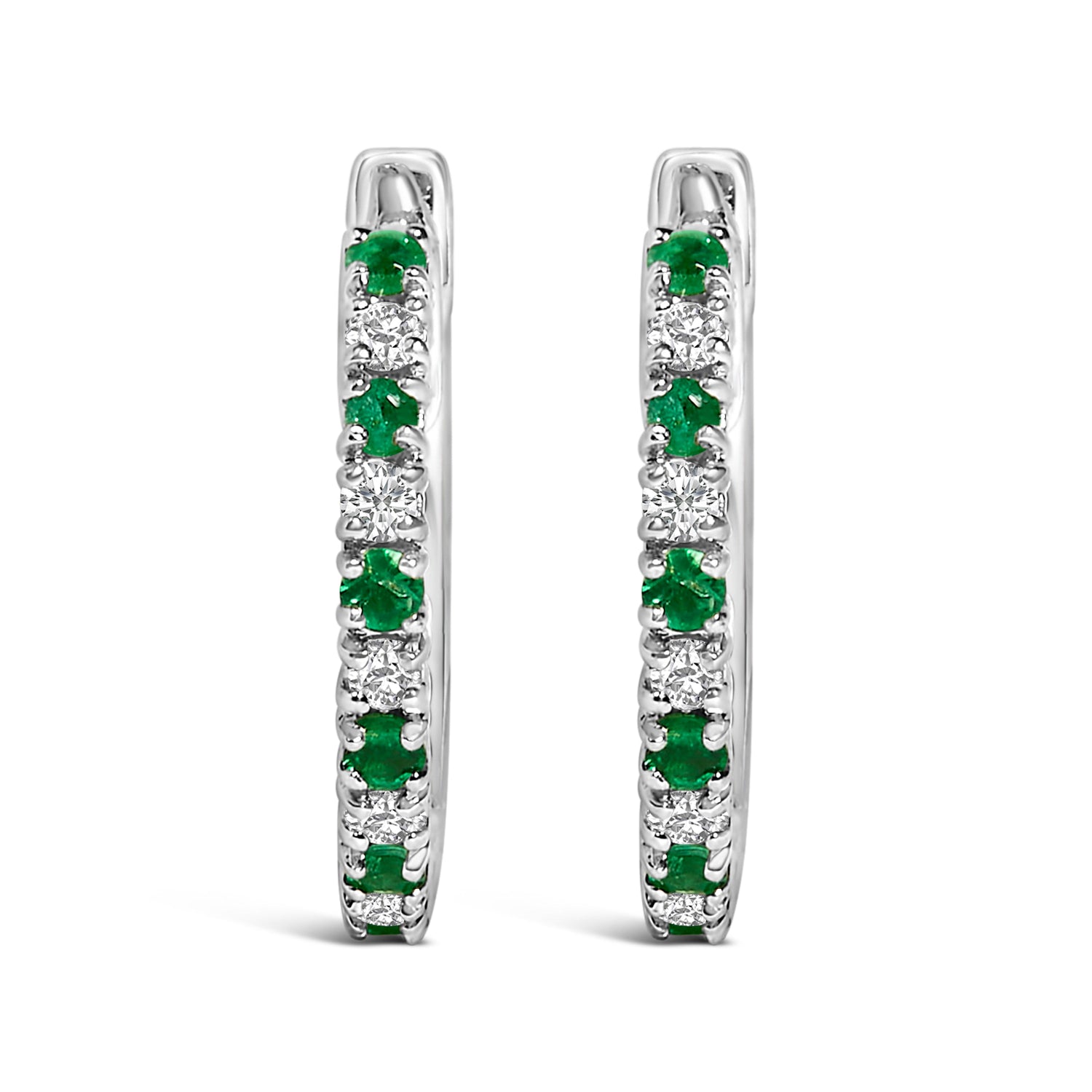 10K White Gold Alternating Emerald 1/10 Cttw Diamond Huggy Hoop Earrings (I-J Color, I1-I2 Clarity) by Bids.com