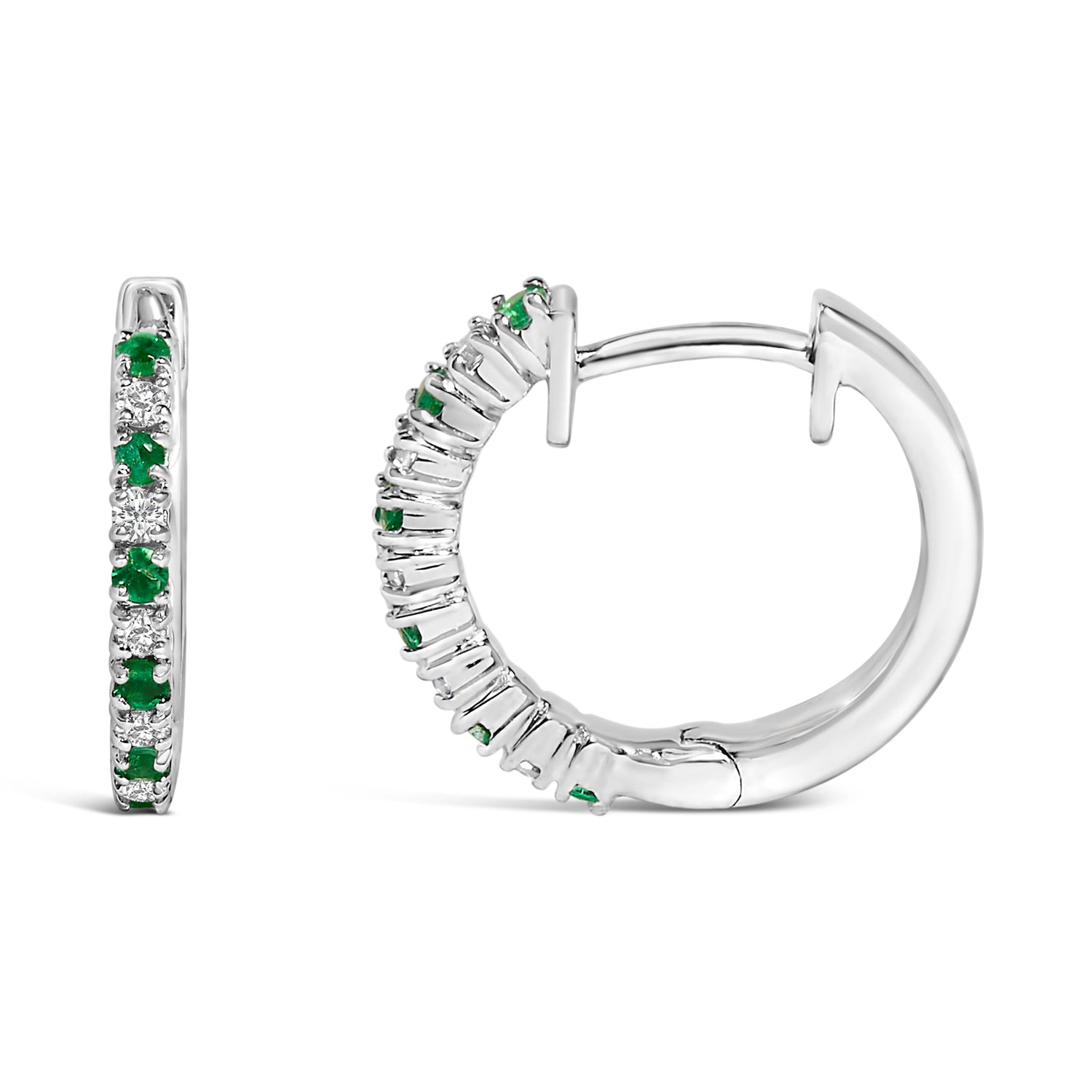 10K White Gold Alternating Emerald 1/10 Cttw Diamond Huggy Hoop Earrings (I-J Color, I1-I2 Clarity) by Bids.com