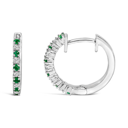10K White Gold Alternating Emerald 1/10 Cttw Diamond Huggy Hoop Earrings (I-J Color, I1-I2 Clarity) by Bids.com