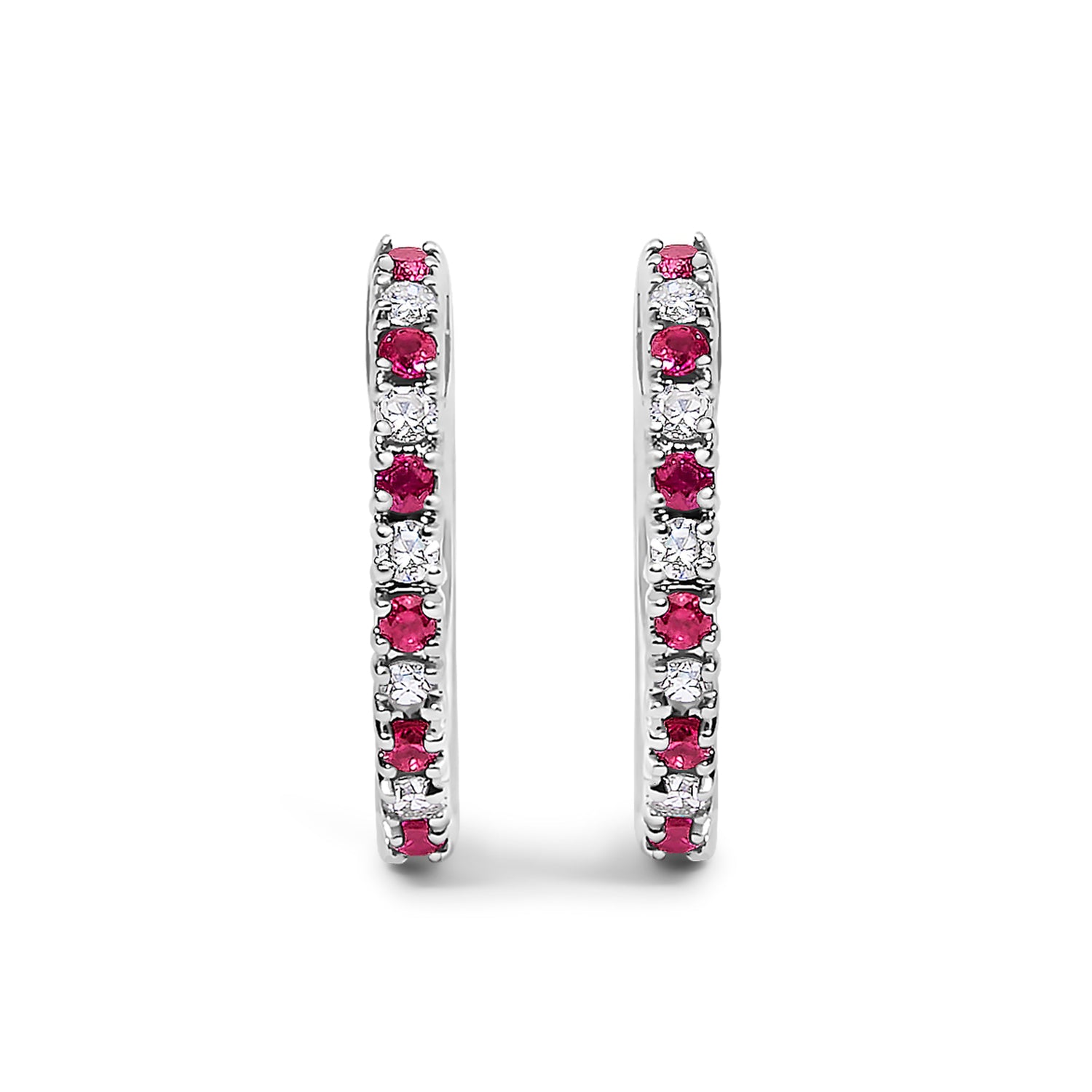10K White Gold Alternating Diamond and Red Ruby Huggy Hoop Earrings (I-J Color, I1-I2 Clarity) by Bids.com