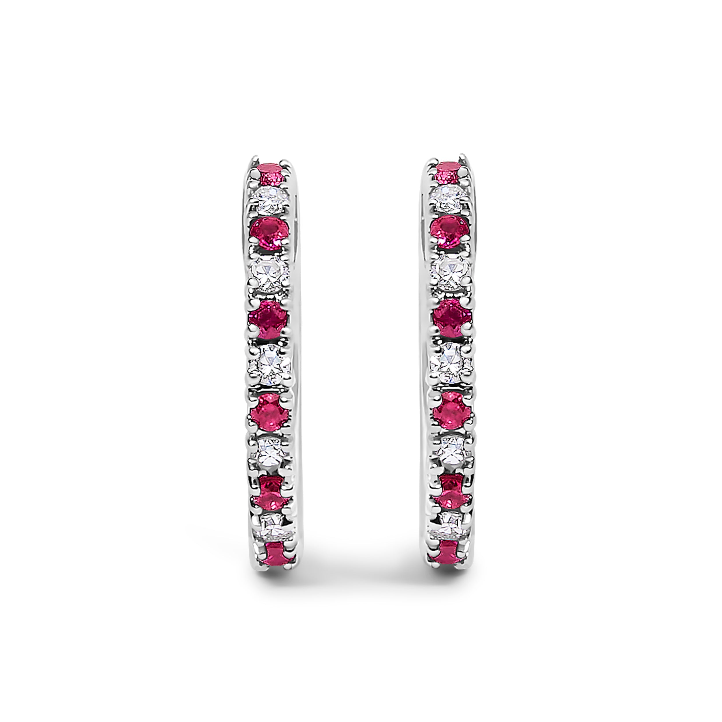 10K White Gold Alternating Diamond and Red Ruby Huggy Hoop Earrings (I-J Color, I1-I2 Clarity) by Bids.com