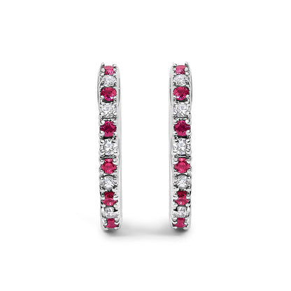 10K White Gold Alternating Diamond and Red Ruby Huggy Hoop Earrings (I-J Color, I1-I2 Clarity) by Bids.com