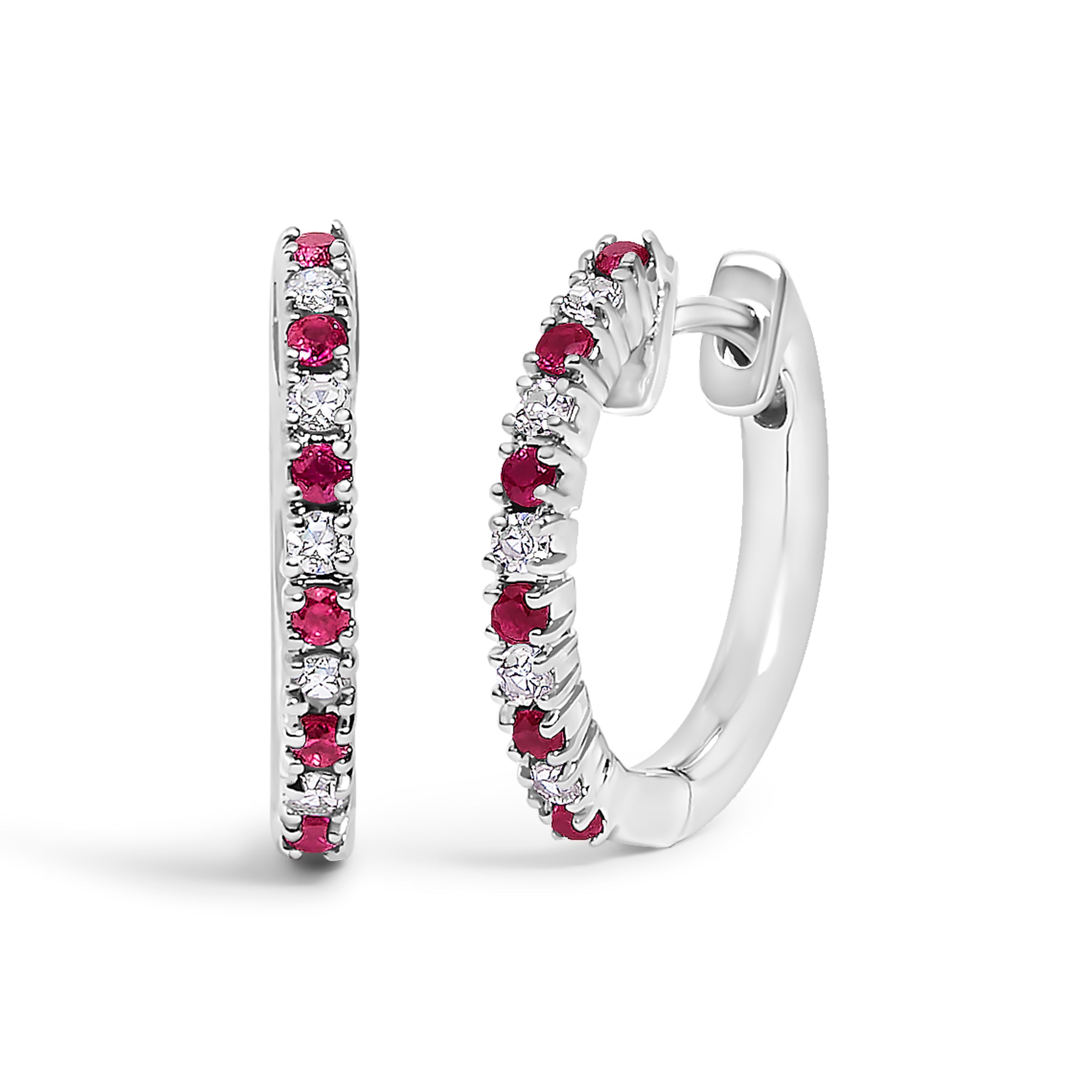 10K White Gold Alternating Diamond and Red Ruby Huggy Hoop Earrings (I-J Color, I1-I2 Clarity) by Bids.com