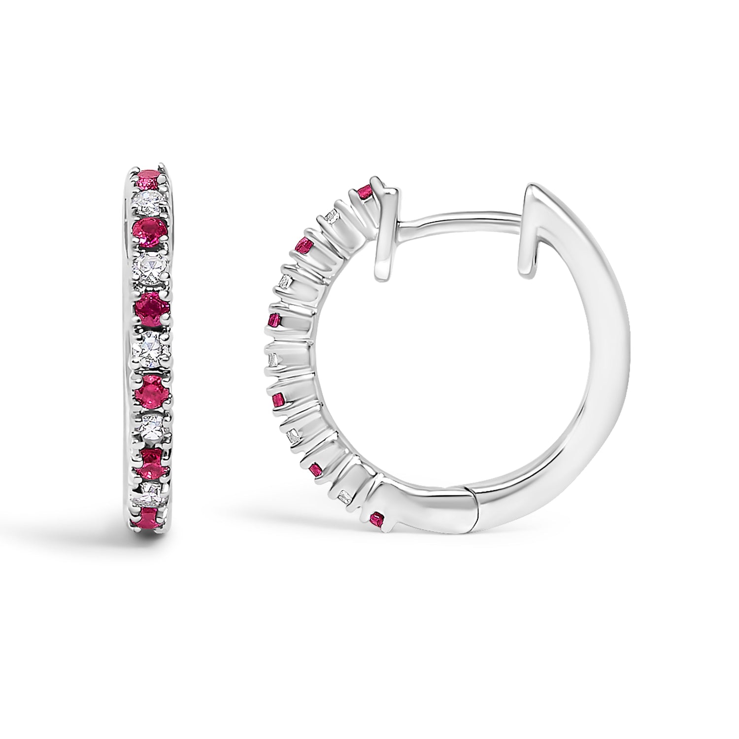10K White Gold Alternating Diamond and Red Ruby Huggy Hoop Earrings (I-J Color, I1-I2 Clarity) by Bids.com