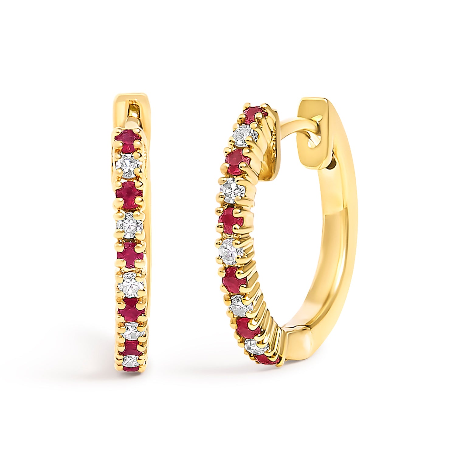 10K White Gold Alternating Diamond and Red Ruby Huggy Hoop Earrings (I-J Color, I1-I2 Clarity) by Bids.com