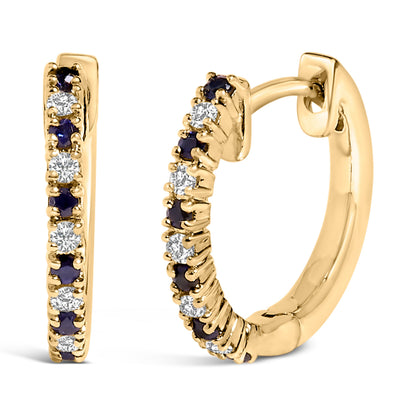10K Yellow Gold Alternating Blue Sapphire 1/10 Cttw Diamond Huggy Hoop Earrings (I-J Color, I1-I2 Clarity) by Bids.com