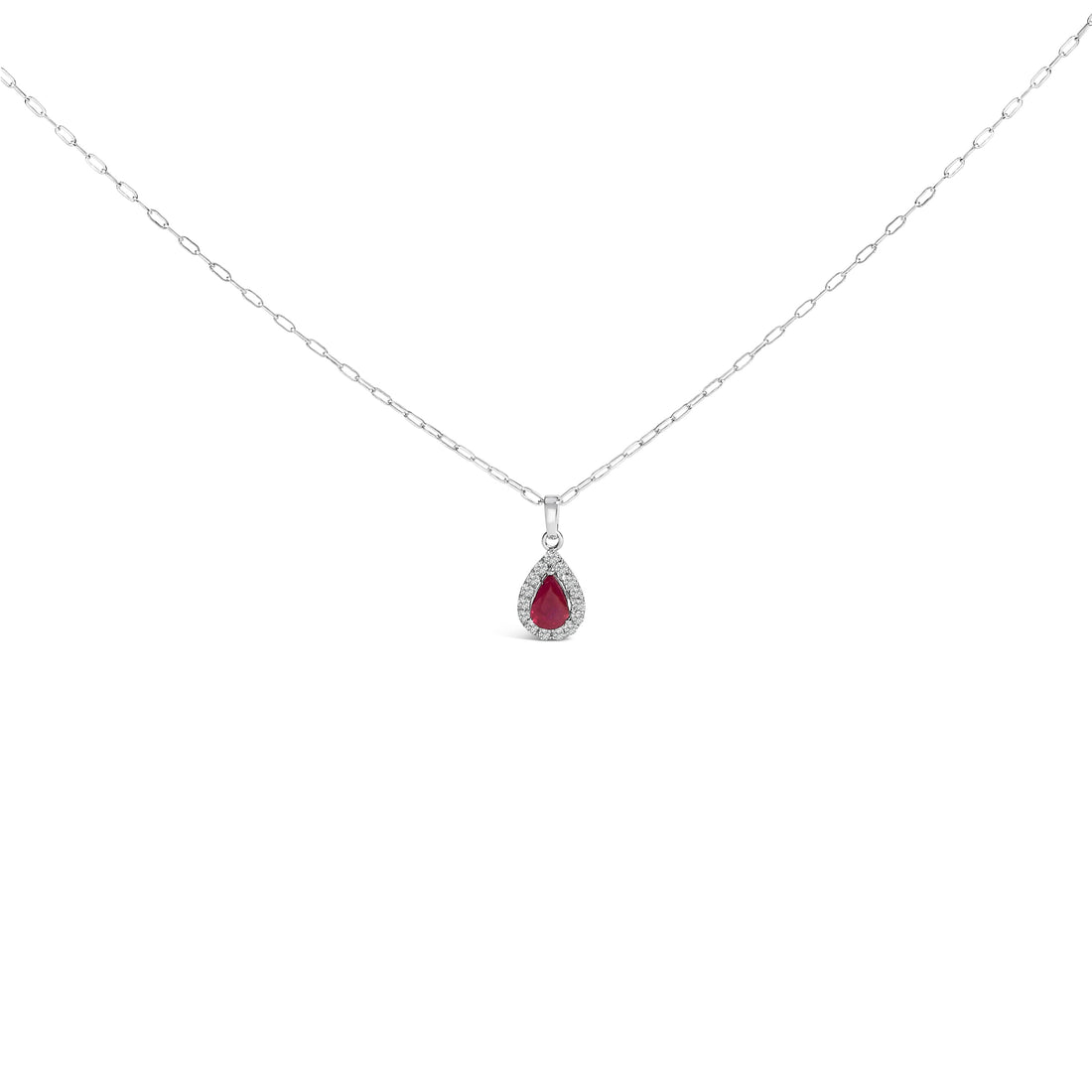 14K White Gold 6x4 Pear Red Ruby and Diamond Halo Pendant Necklace - 18" Inches by Bids.com