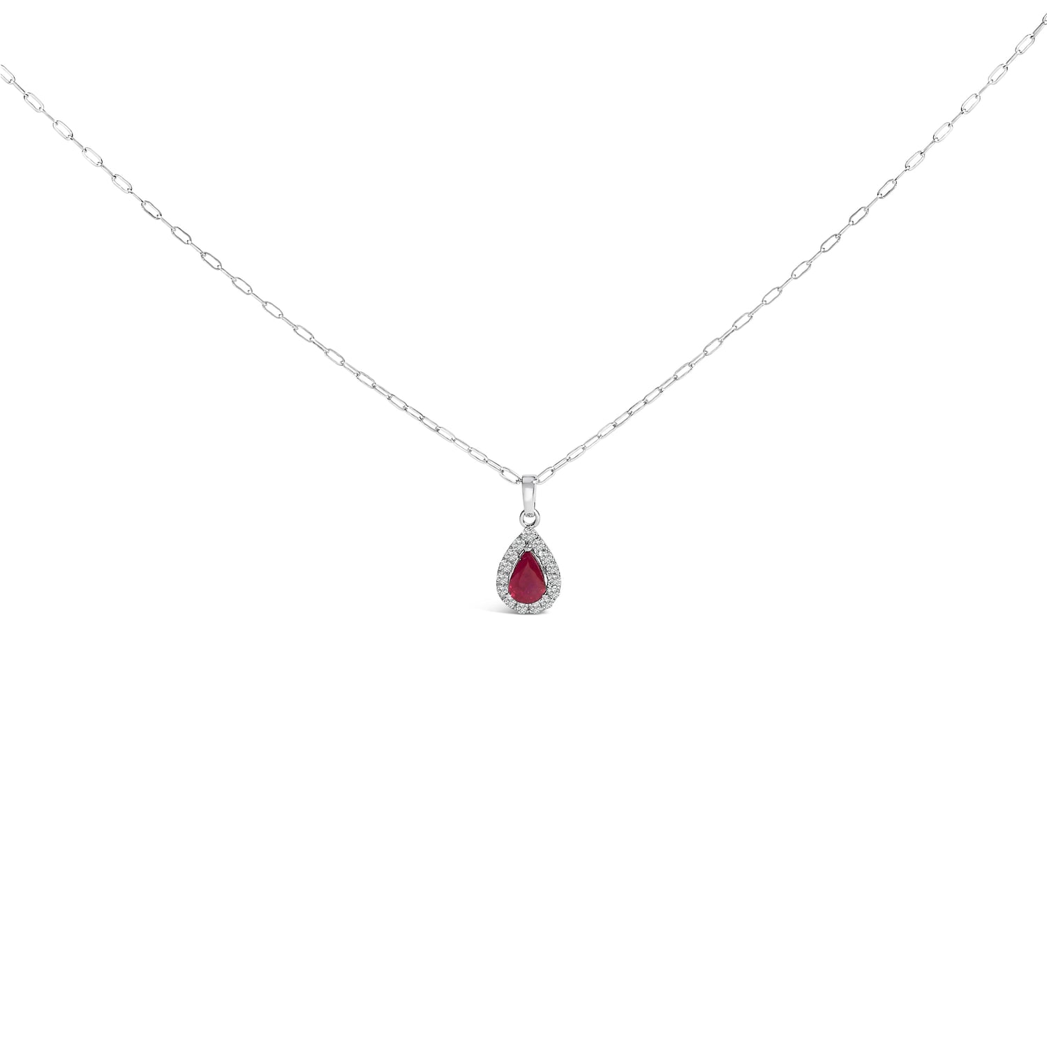 14K White Gold 6x4 Pear Red Ruby and Diamond Halo Pendant Necklace - 18" Inches by Bids.com