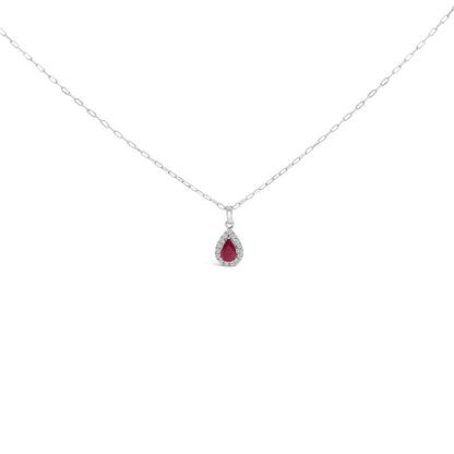 14K White Gold 6x4 Pear Red Ruby and Diamond Halo Pendant Necklace - 18" Inches by Bids.com