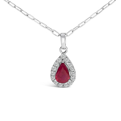 14K White Gold 6x4 Pear Red Ruby and Diamond Halo Pendant Necklace - 18" Inches by Bids.com