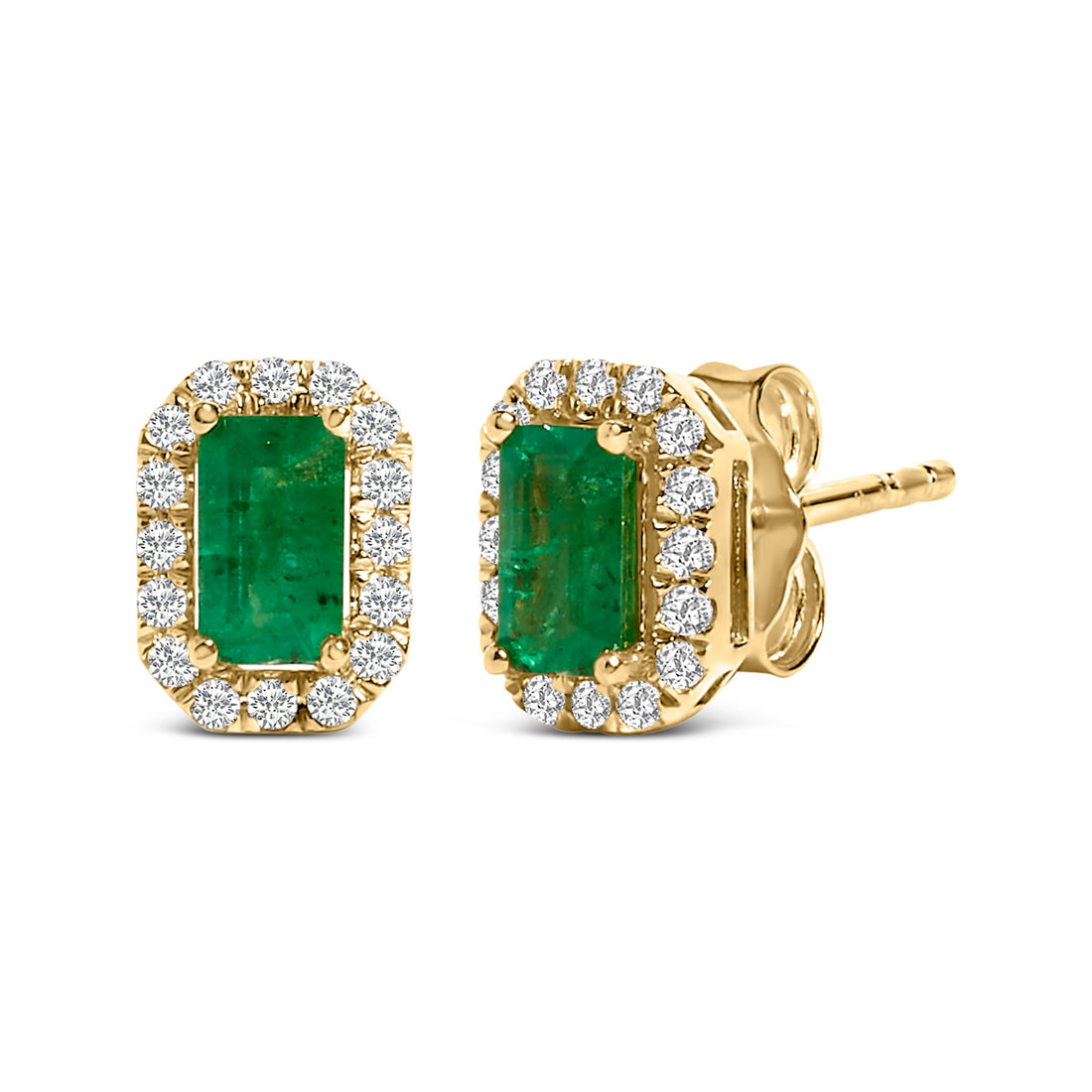 14K Yellow Gold Green Emerald and 1/8 Cttw Diamond Halo Octagonal Shaped Stud Earrings (I-J Color, I1-I2 Clarity) by Bids.com
