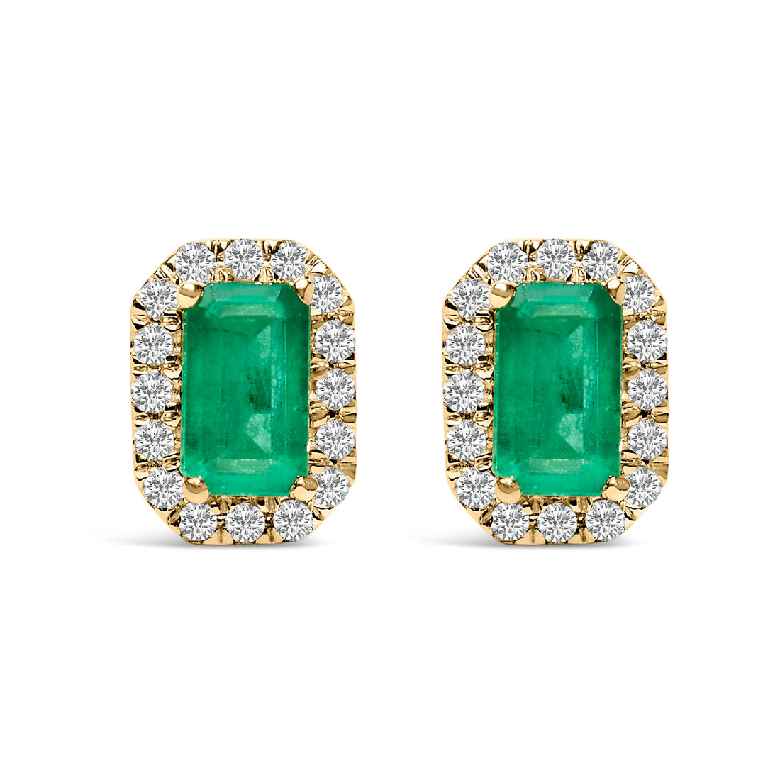 10K Yellow Gold 5x3mm Emerald-Cut Green Emerald and 1/7 Cttw Diamond Halo Octagonal Stud Earrings (I-J Color, I1-I2 Clarity) by Bids.com