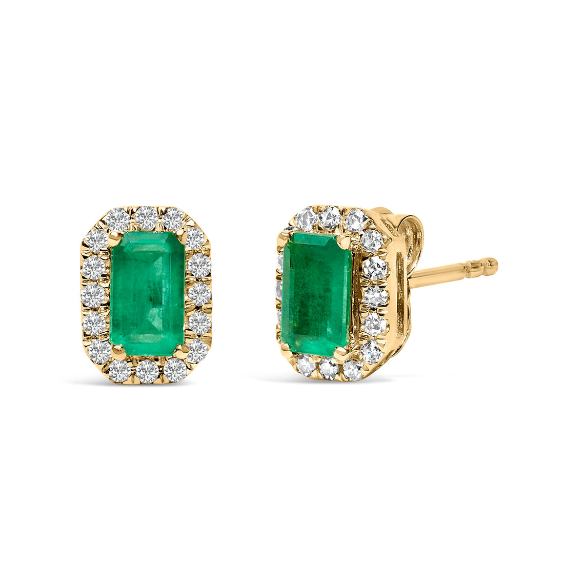 10K Yellow Gold 5x3mm Emerald-Cut Green Emerald and 1/7 Cttw Diamond Halo Octagonal Stud Earrings (I-J Color, I1-I2 Clarity) by Bids.com