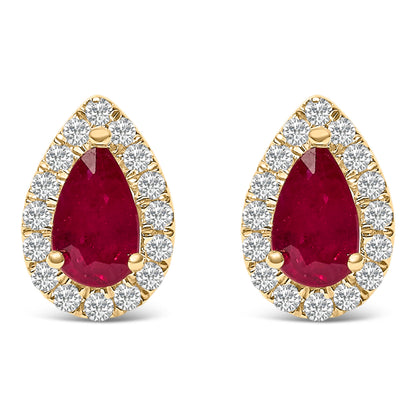 10K Yellow Gold 5X3 MM Pear-Cut Ruby and 1/7 Cttw Diamond Halo Stud Earrings (I-J Color, I1-I2 Clarity) by Bids.com