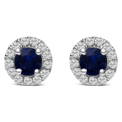 10K White Gold 3.25mm x 3.25mm Round Blue Sapphire and 1/10 Cttw Diamond Halo Stud Earrings (I-J Color, I1-I2 Clarity) by Bids.com