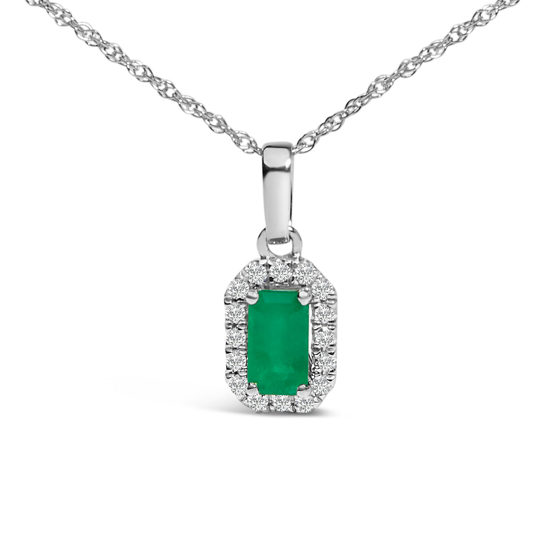 10K White Gold 5x3mm Green Emerald and Diamond Accent Halo Octagonal Shape 18" Pendant Necklace (I-J Color, I1-I2 Clarity) by Bids.com