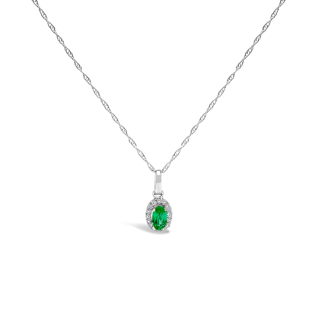 10K White Gold 5x3mm Green Emerald and Diamond Accent Halo Oval Shape 18" Pendant Necklace (I-J Color, I1-I2 Clarity) by Bids.com