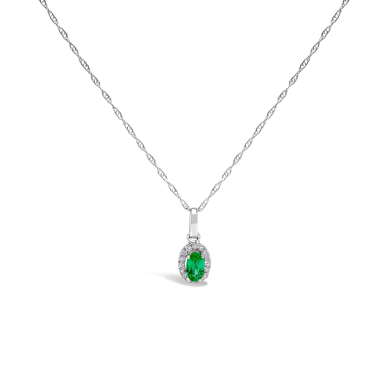 10K White Gold 5x3mm Green Emerald and Diamond Accent Halo Oval Shape 18" Pendant Necklace (I-J Color, I1-I2 Clarity) by Bids.com