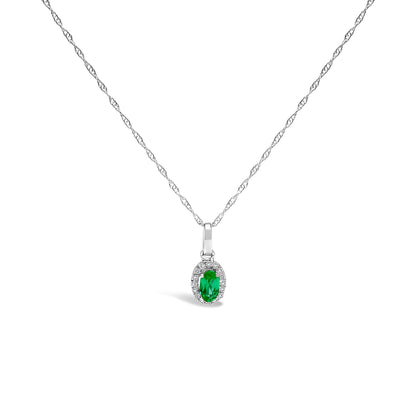 10K White Gold 5x3mm Green Emerald and Diamond Accent Halo Oval Shape 18" Pendant Necklace (I-J Color, I1-I2 Clarity) by Bids.com