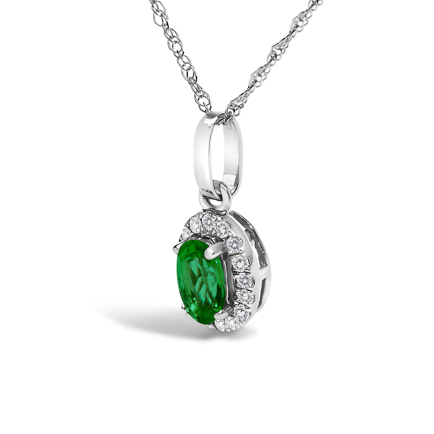 10K White Gold 5x3mm Green Emerald and Diamond Accent Halo Oval Shape 18" Pendant Necklace (I-J Color, I1-I2 Clarity) by Bids.com