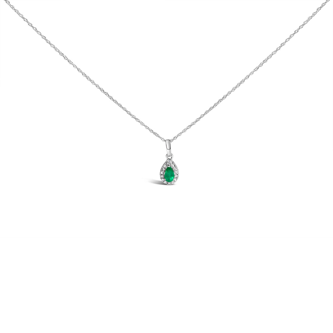 10K White Gold 5x3mm Green Emerald and Diamond Accent Halo Pear Shape 18" Pendant Necklace (I-J Color, I1-I2 Clarity) by Bids.com