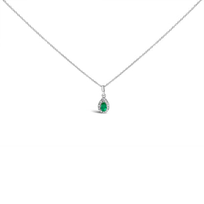 10K White Gold 5x3mm Green Emerald and Diamond Accent Halo Pear Shape 18" Pendant Necklace (I-J Color, I1-I2 Clarity) by Bids.com