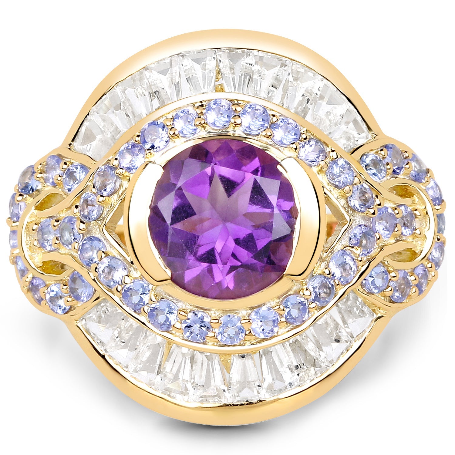14K Yellow Gold Plated 3.93 Carat Genuine Amethyst, Tanzanite and White Topaz .925 Sterling Silver Ring by Bids.com