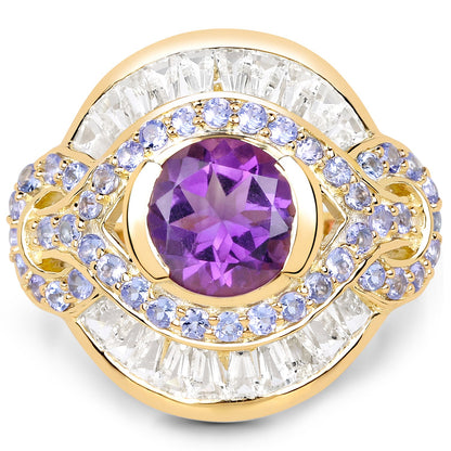 14K Yellow Gold Plated 3.93 Carat Genuine Amethyst, Tanzanite and White Topaz .925 Sterling Silver Ring by Bids.com