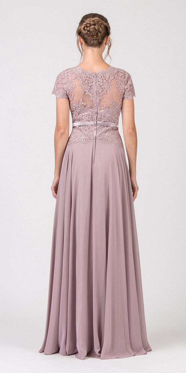 CLEARANCE - Eureka 5909 Lace Bodice A-Line Long Dress Short Sleeves (Size 3XL) by DiscountDressShop
