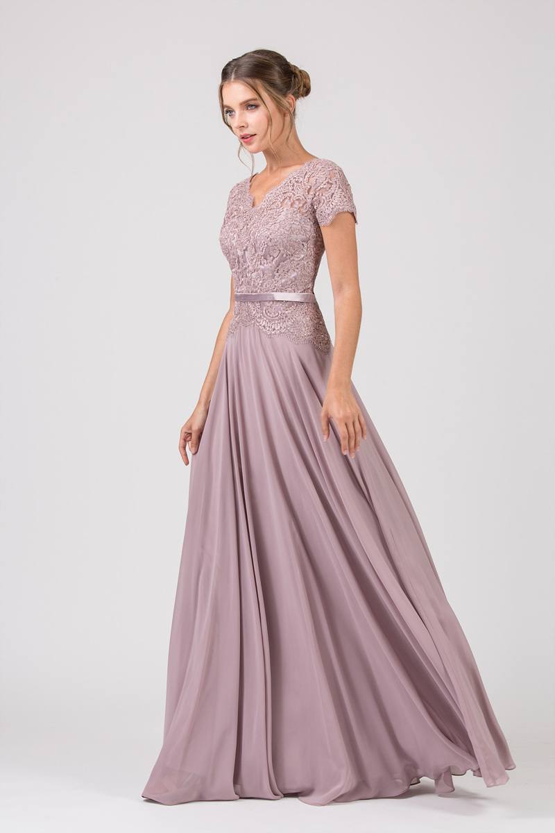 CLEARANCE - Eureka 5909 Lace Bodice A-Line Long Dress Short Sleeves (Size 3XL) by DiscountDressShop