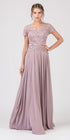 CLEARANCE - Eureka 5909 Lace Bodice A-Line Long Dress Short Sleeves (Size 3XL) by DiscountDressShop