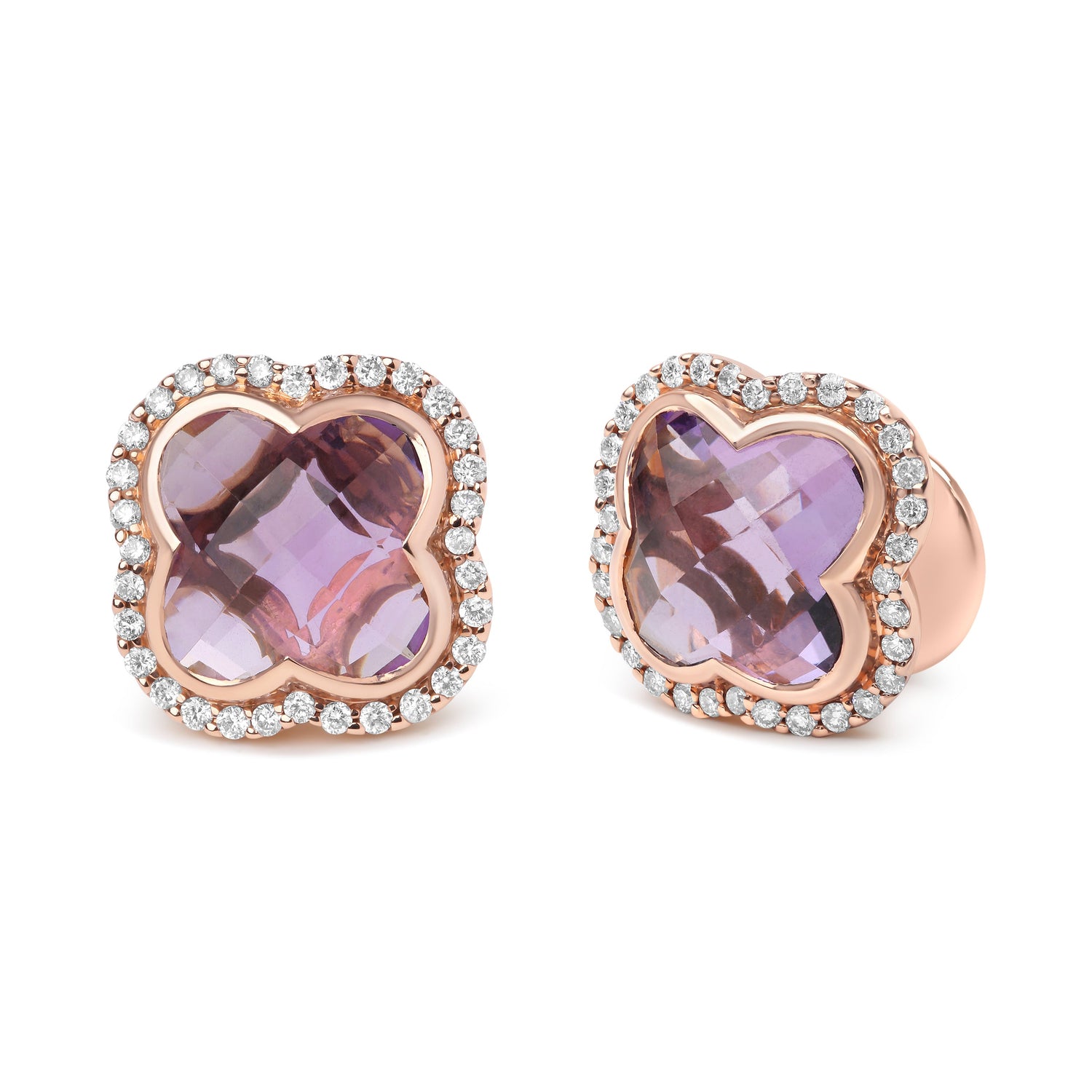 18K Rose Gold 3/8 Cttw Diamond and 11x11mm Clover-Cut Purple Amethyst Gemstone Clover Halo Stud Earrings (G-H Color, SI1-SI2 Clarity) by Bids.com