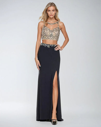 Juliet 595 Sexy Front Slit 2-Piece Dress Beads Illusion Neck by DiscountDressShop