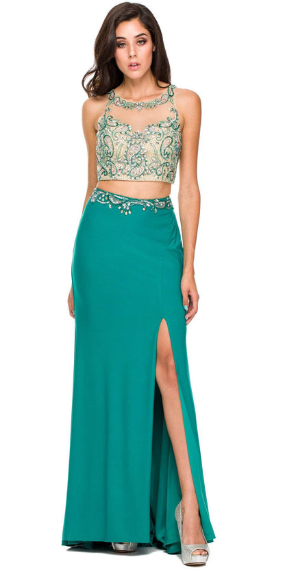 Juliet 595 Sexy Front Slit 2-Piece Dress Beads Illusion Neck by DiscountDressShop