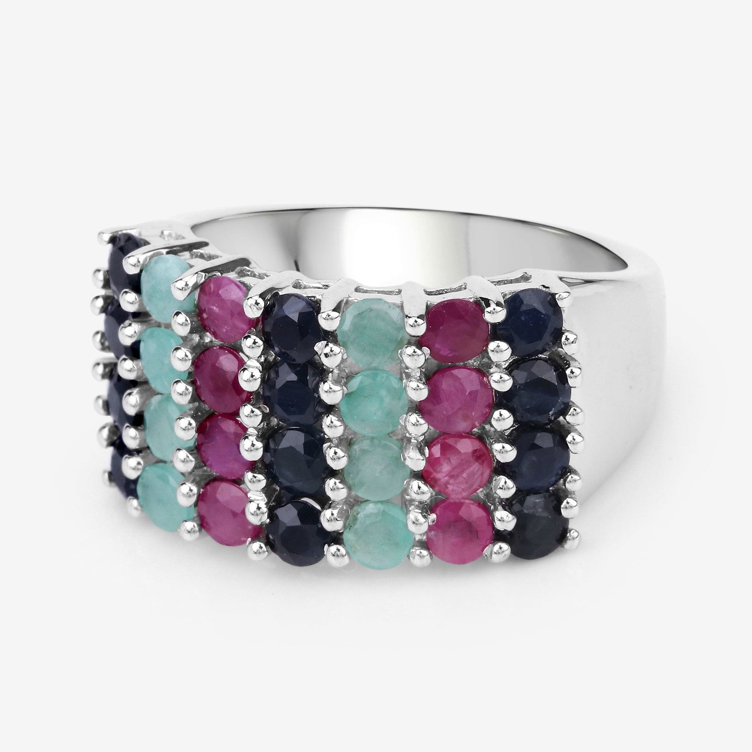 "3.40 Carat Genuine Emerald, Ruby and Black Sapphire .925 Sterling Silver Ring