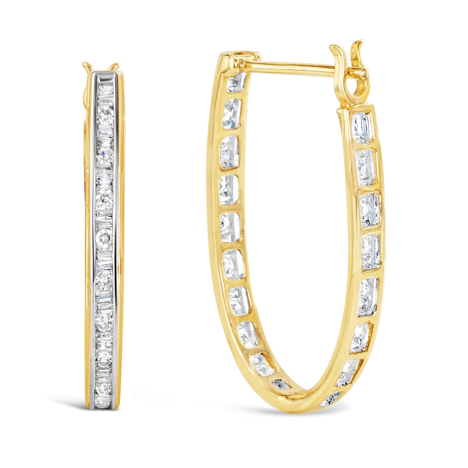 10K Yellow Gold 1.00 Cttw Round and Baguette-Cut Diamond U-Hoop Earrings (H-I Color, SI2-I1 Clarity) by Bids.com