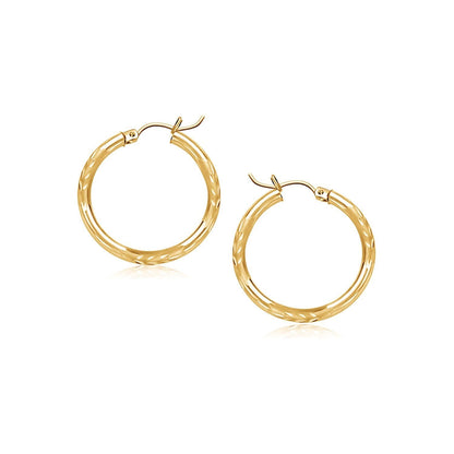 14k Yellow Gold Fancy Diamond Cut Slender Small Hoop Earrings (15mm Diameter)  DestGlow