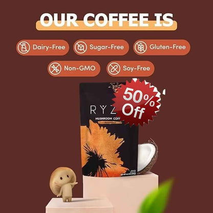 RYZE SUPERFOODS Mushroom Medium Roast Coffee Starter Kit, USDA Organic Instant Coffee with 6 Adaptogenic Mushrooms and for Energy, Focus, Digestion, Immunity with Lions Mane &amp; Turkey Tail 30 Serving