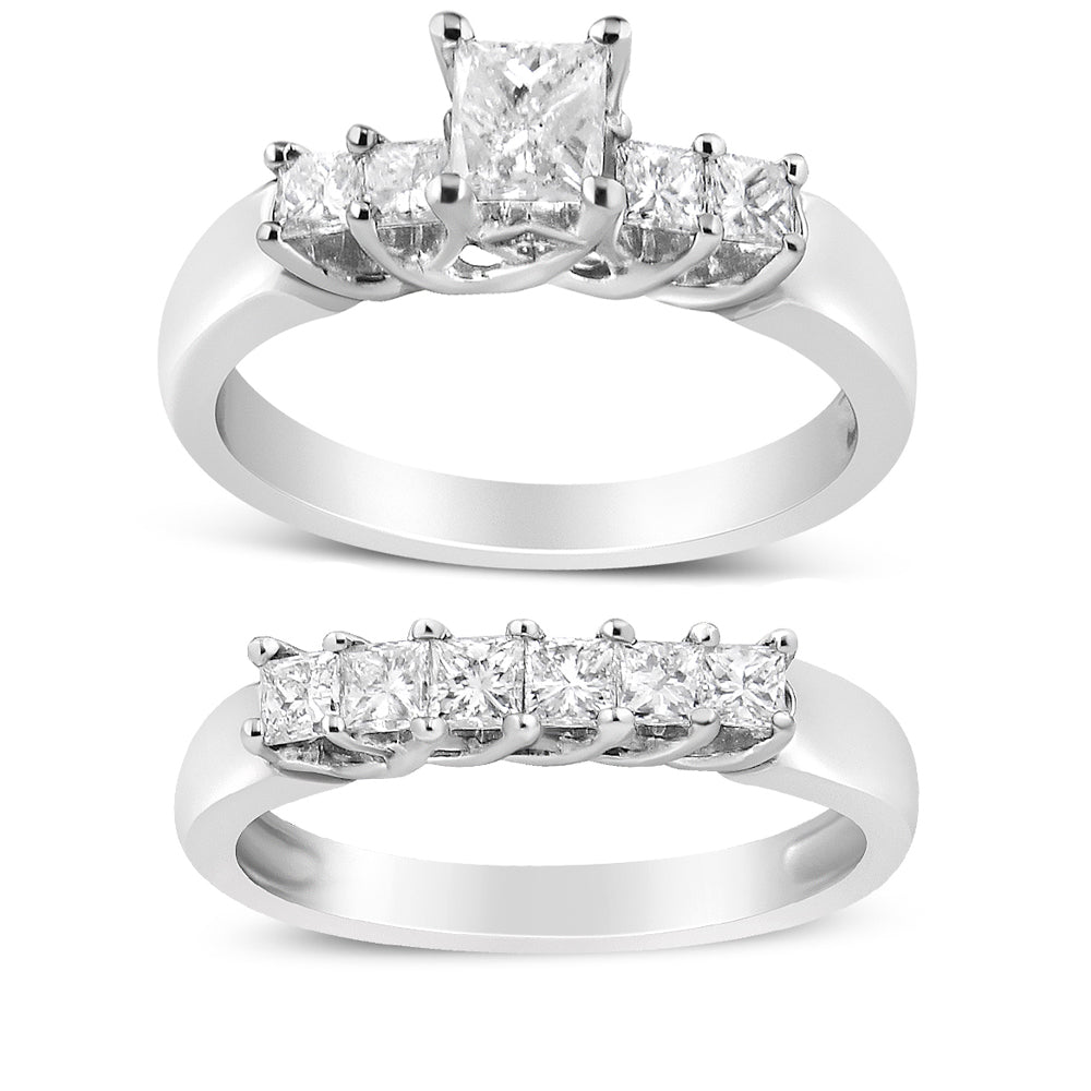 14K White Gold 1 1/2 Cttw 5 Stone Princess Diamond Engagement Wedding Ring Set (H-I Color, SI2-I1 Clarity) - Ring Size 7 by Bids.com