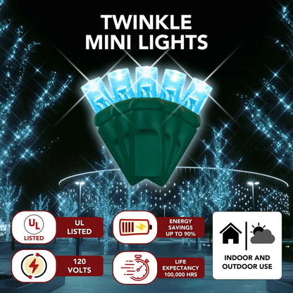 LED Mini Lights 5MM Aqua Twinkle Green Wire - 6" Spacing