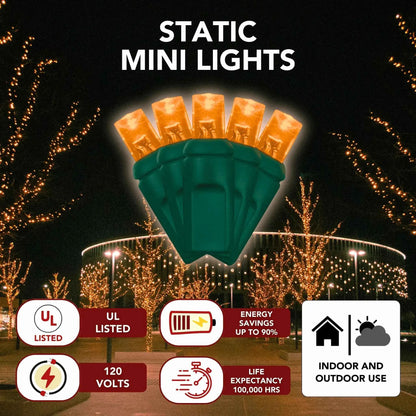 LED Mini Lights 5MM Orange Static Green Wire - 6" Spacing
