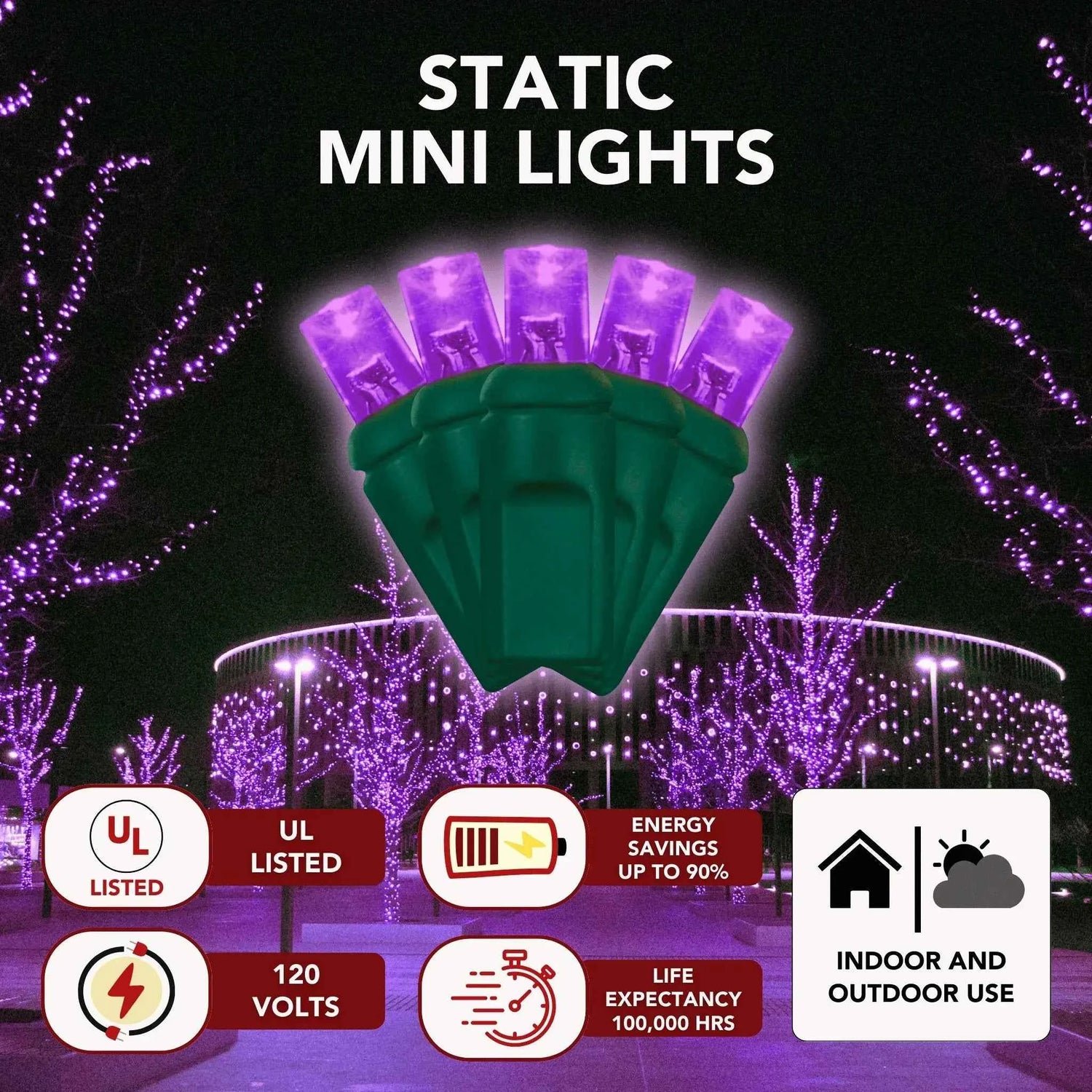 LED Mini Lights 5MM Purple Static Green Wire 6" Spacing