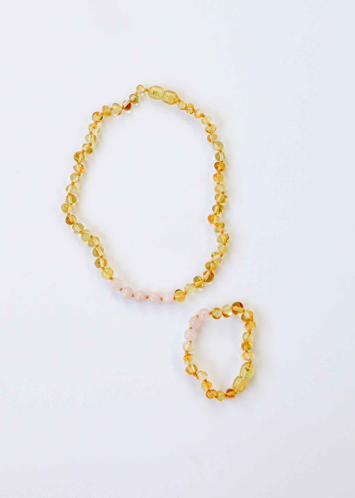 Polished Honey Baltic Amber + Rose Quartz || Necklace