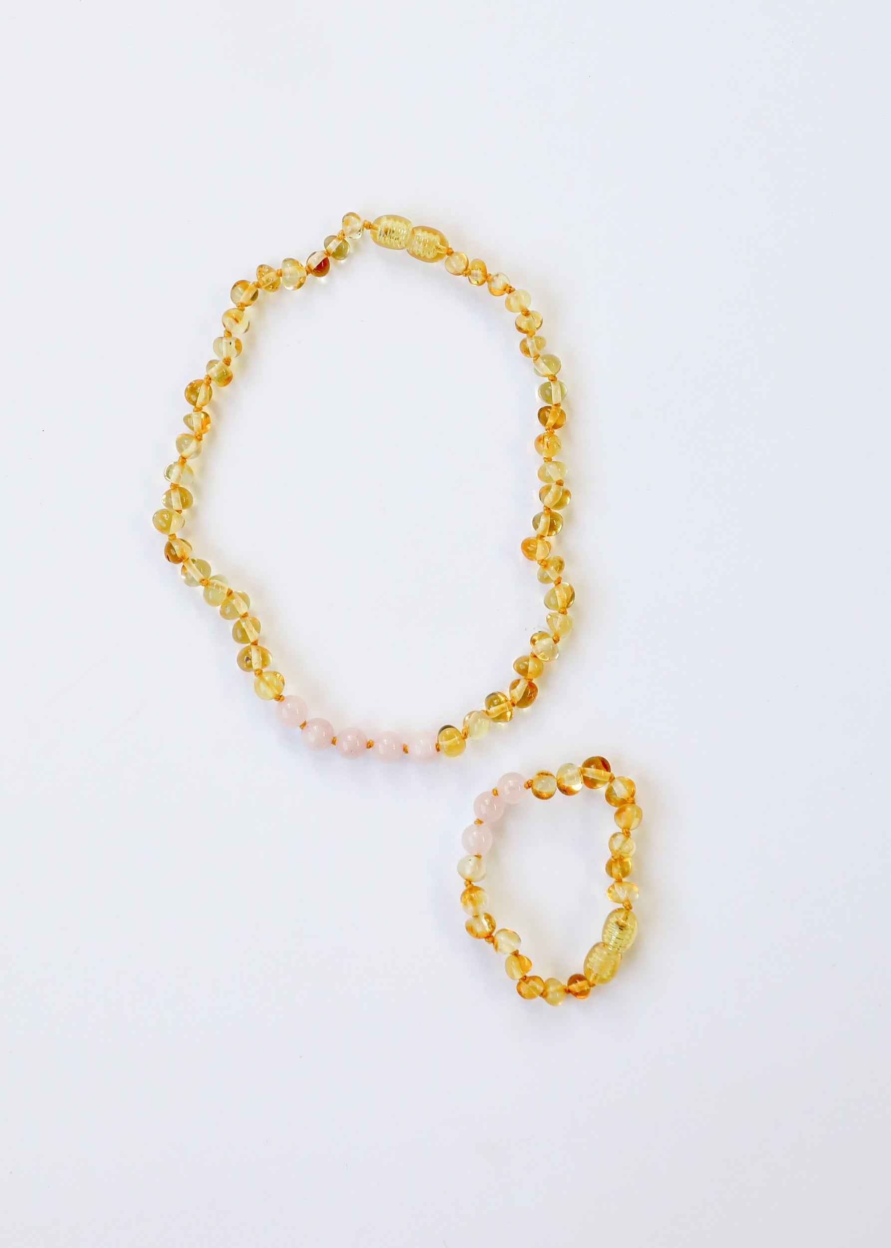 Polished Honey Baltic Amber + Rose Quartz || Necklace
