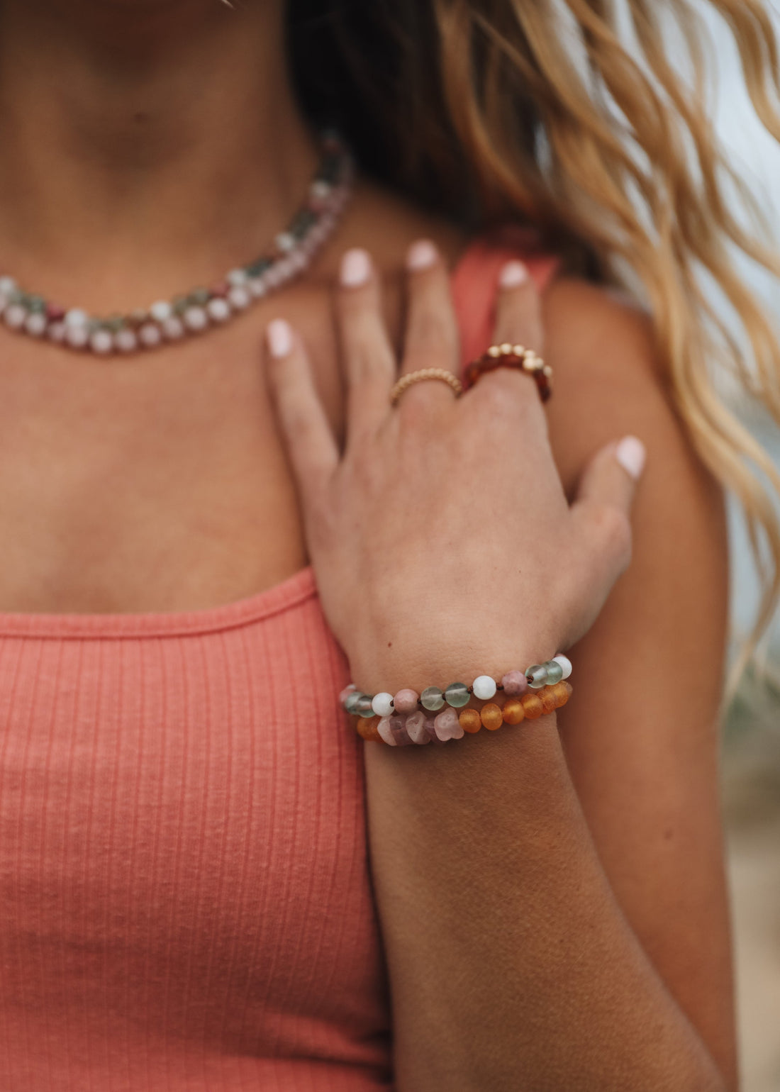 Fluorite + Moonstone + Rhodonite || Natural Gemstone Necklace 