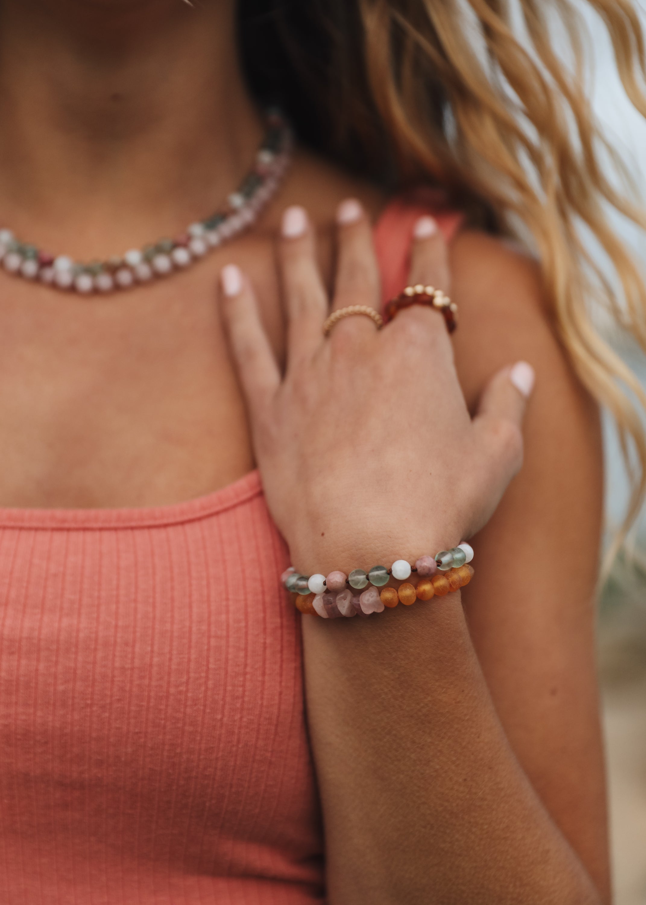 Fluorite + Moonstone + Rhodonite || Natural Gemstone Necklace 