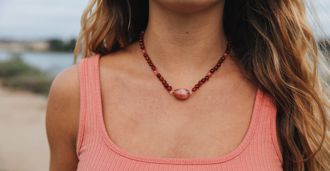 Cognac Baltic Sea Amber || Cherry + Rose Quartz || Necklace  DestGlow