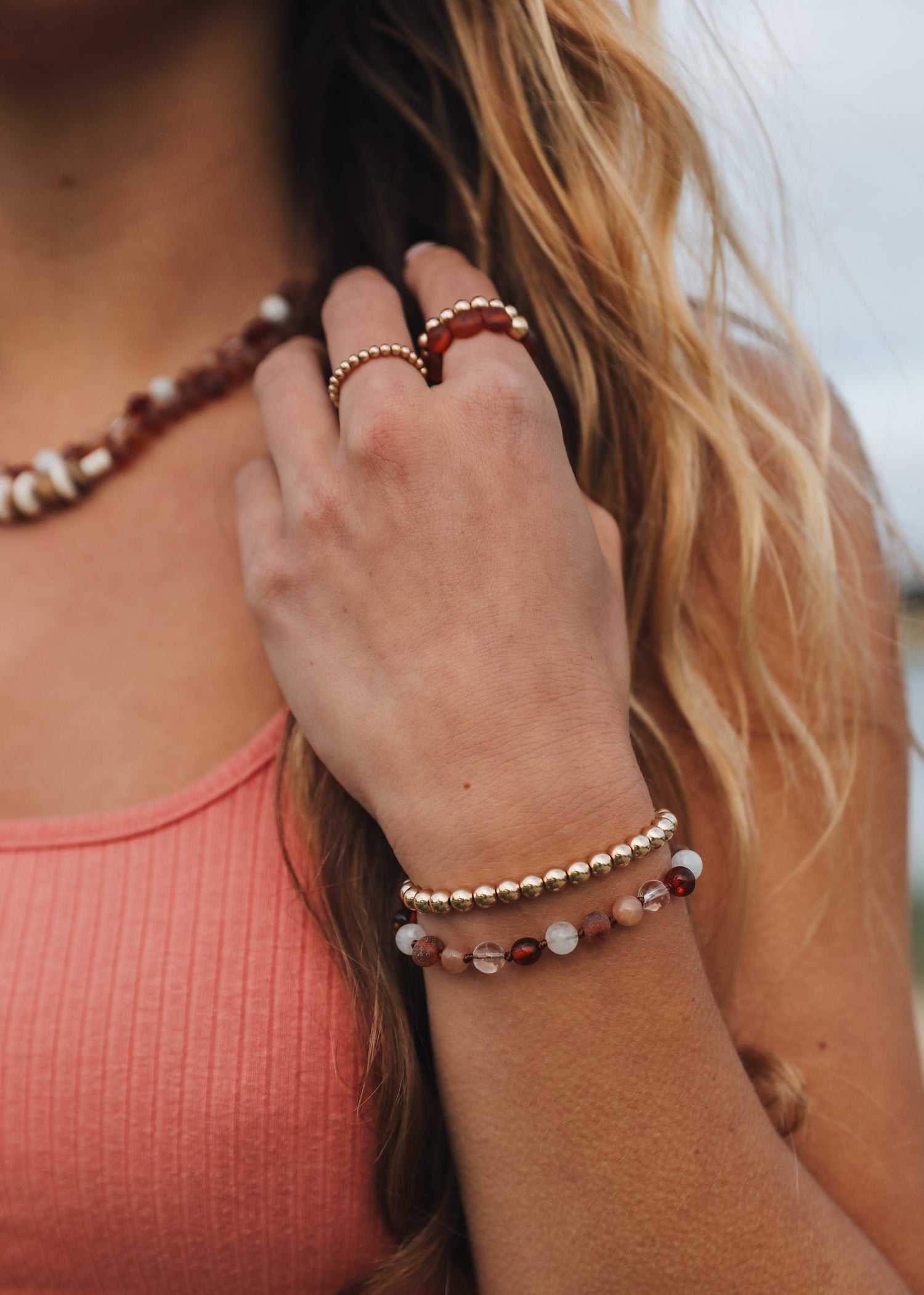 Baltic Sea Amber || Sunstone + Moonstone || Natural Gemstone Anklet or Bracelet 