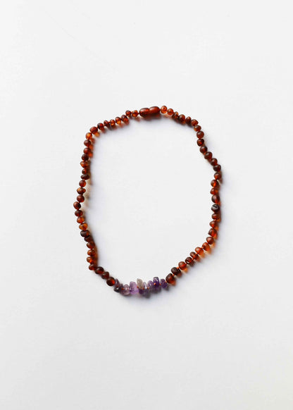Raw Cognac Baltic Amber + Raw Amethyst || Necklace